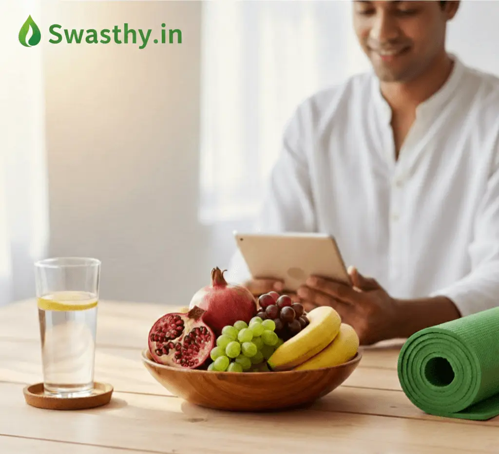 Healthy lifestyle habits including fruits, yoga, and hydration - Swasthy.in